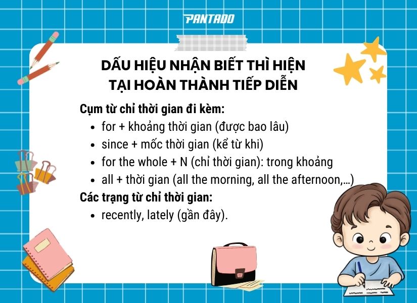 Dấu hiệu nhận biết thì hiện tại hoàn thành tiếp diễn